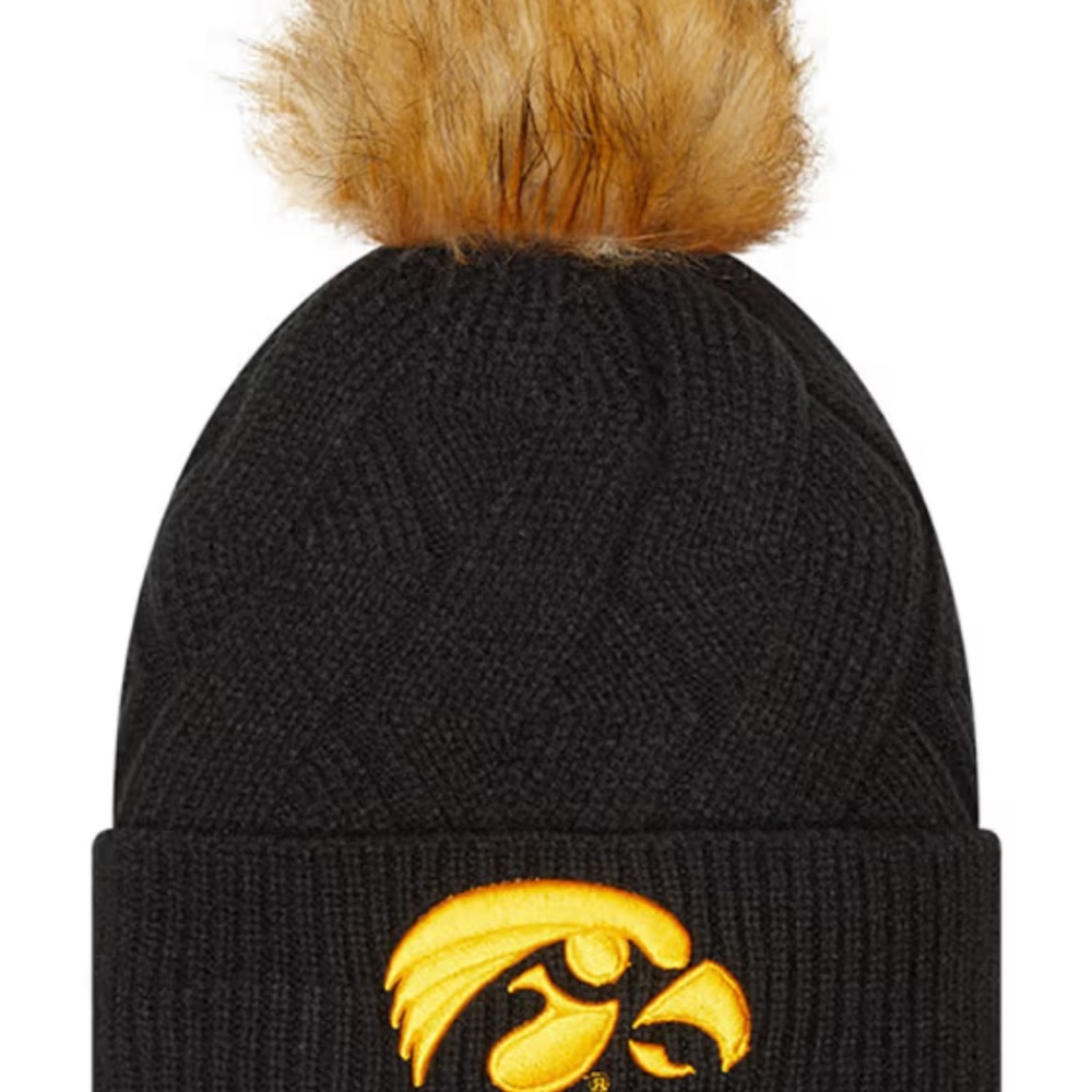 Iowa Hawkeyes Black Knit Beanie with Faux Fur Pom
